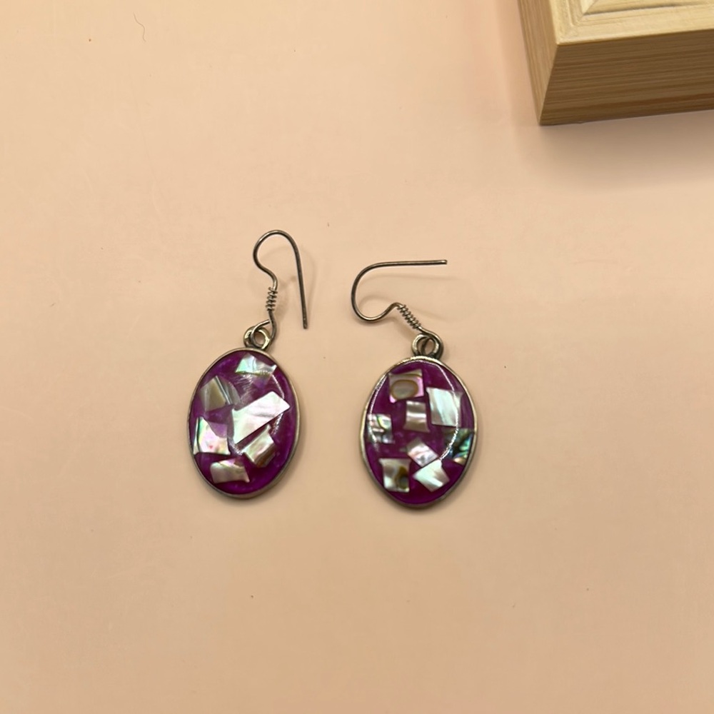 Purple and Silver Oval Earrings Made in Mexico